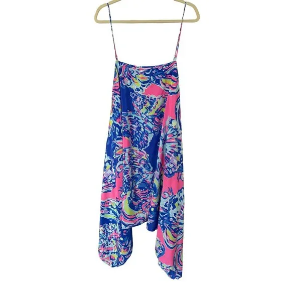 Lilly Pulitzer Size L NEW Blue Pink Kimi Silk Sleeveless Asymmetrical Hem Dress - Picture 2 of 15
